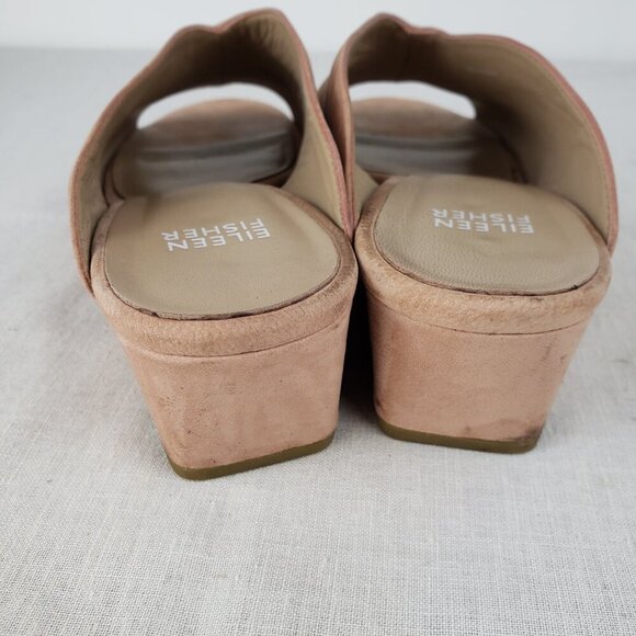 Eileen Fisher Katniss Peep Toe Mules Nude Nubuck Leather Block Heel Size 8.5 - Picture 5 of 10